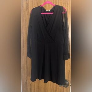 Versatile Black Long-Sleeve Mesh Detail Wrap Dress